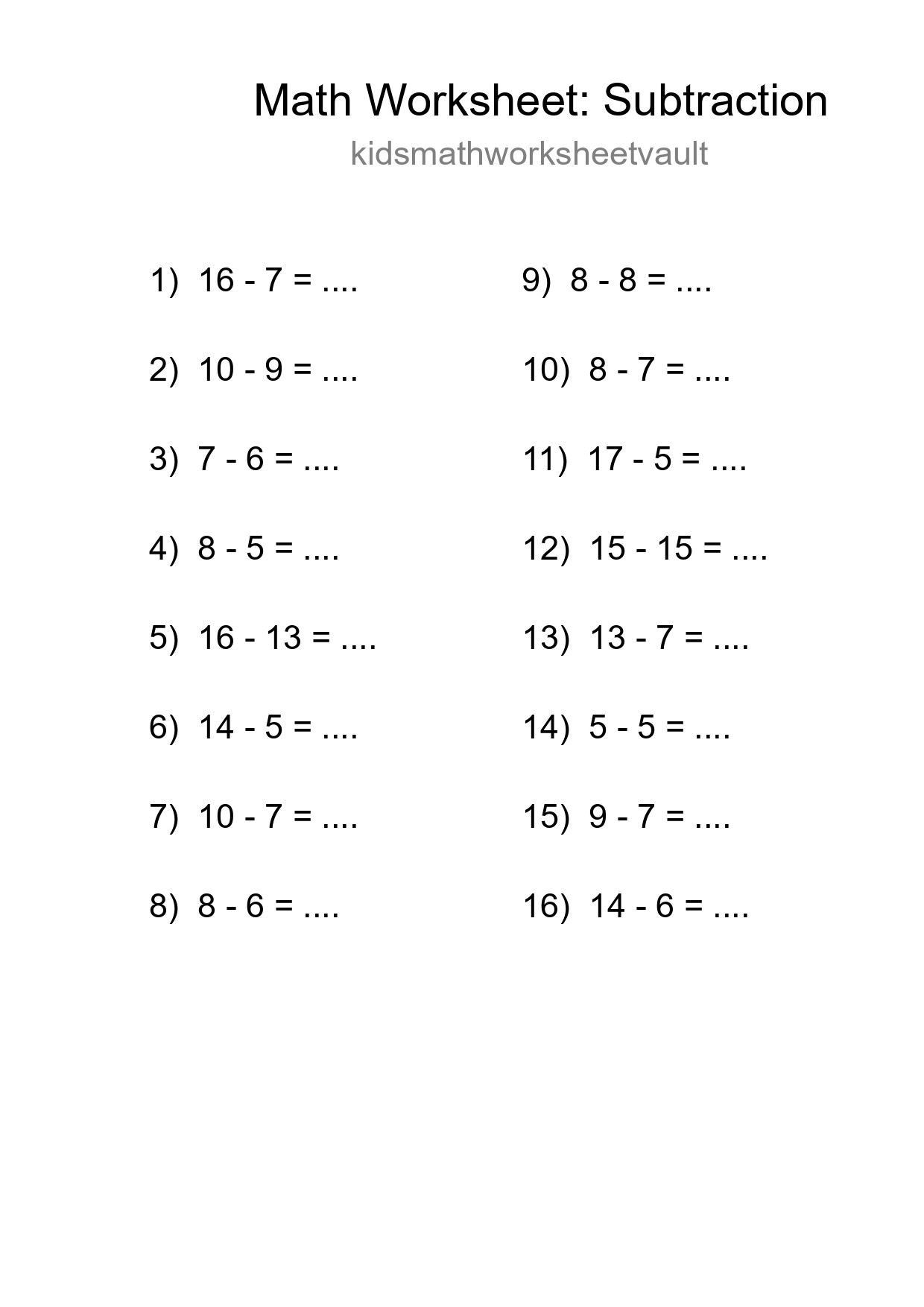 Printable Free 16 Subtraction Math Worksheet For Grade 2 - Part 184