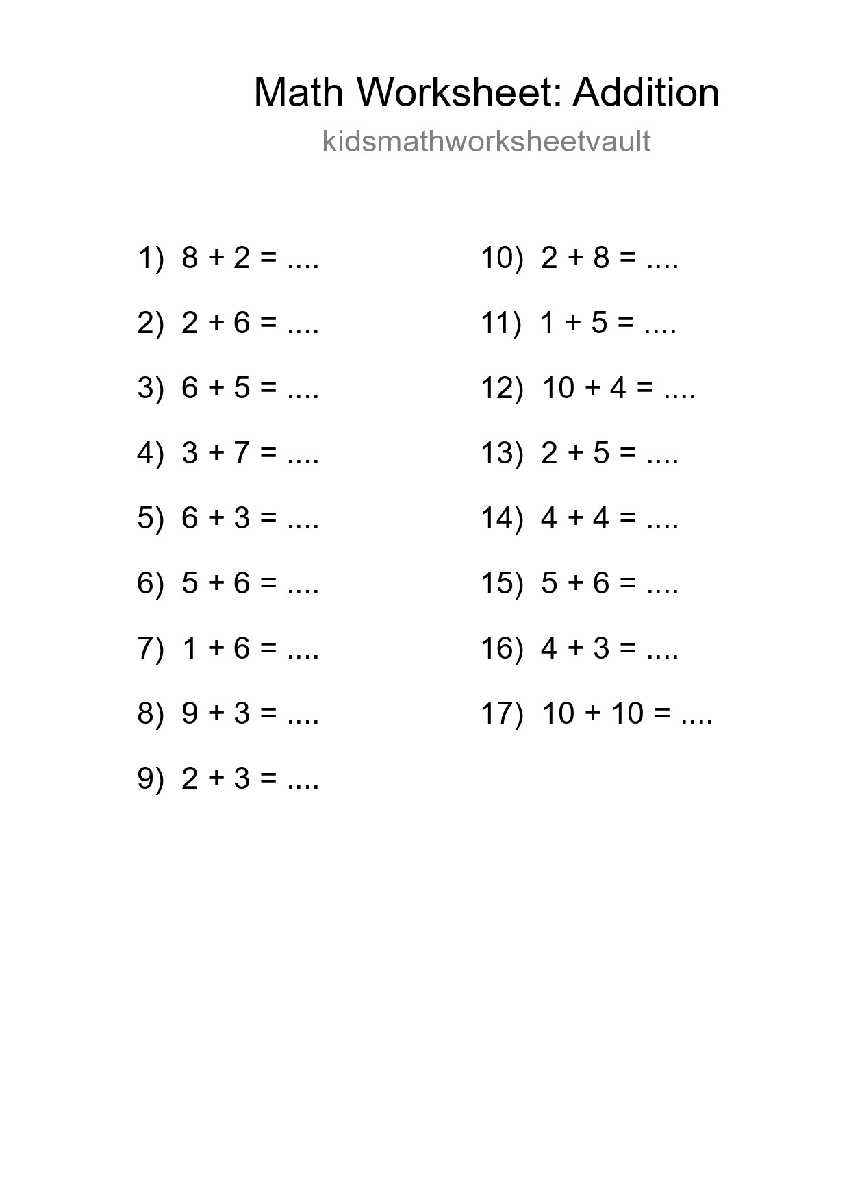 Printable Free 17 Addition Math Worksheet For Grade 1 - Part 155