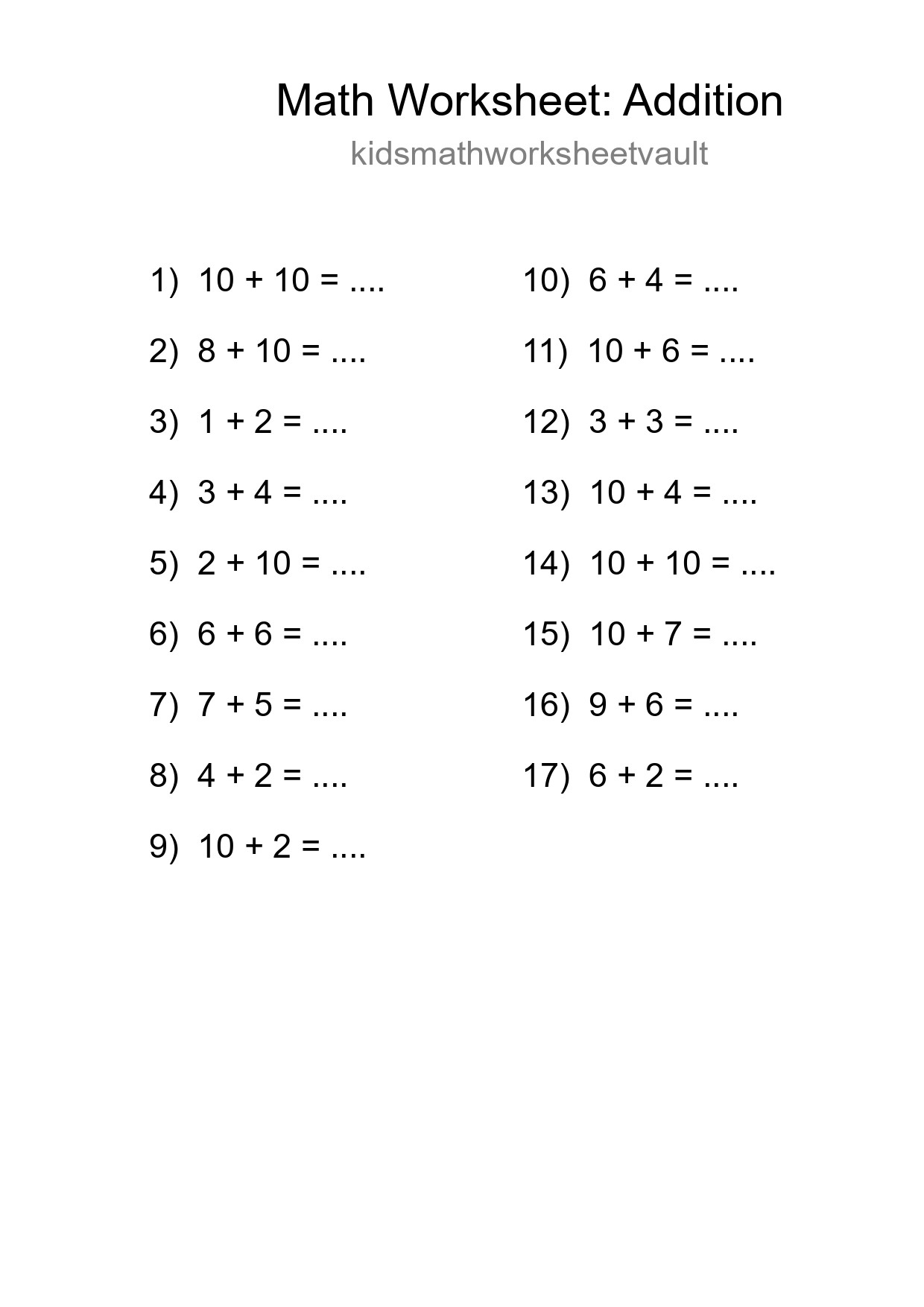Printable Free 17 Addition Math Worksheet For Grade 1 - Part 232