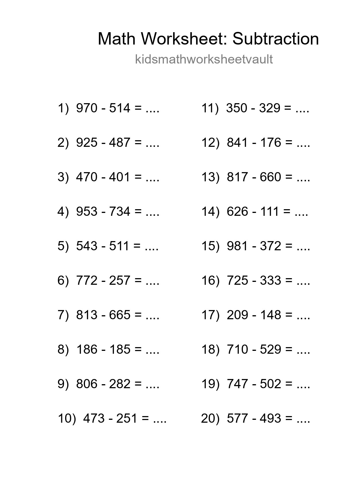 Printable Free 20 Subtraction Math Worksheet For Grade 5 - Part 63