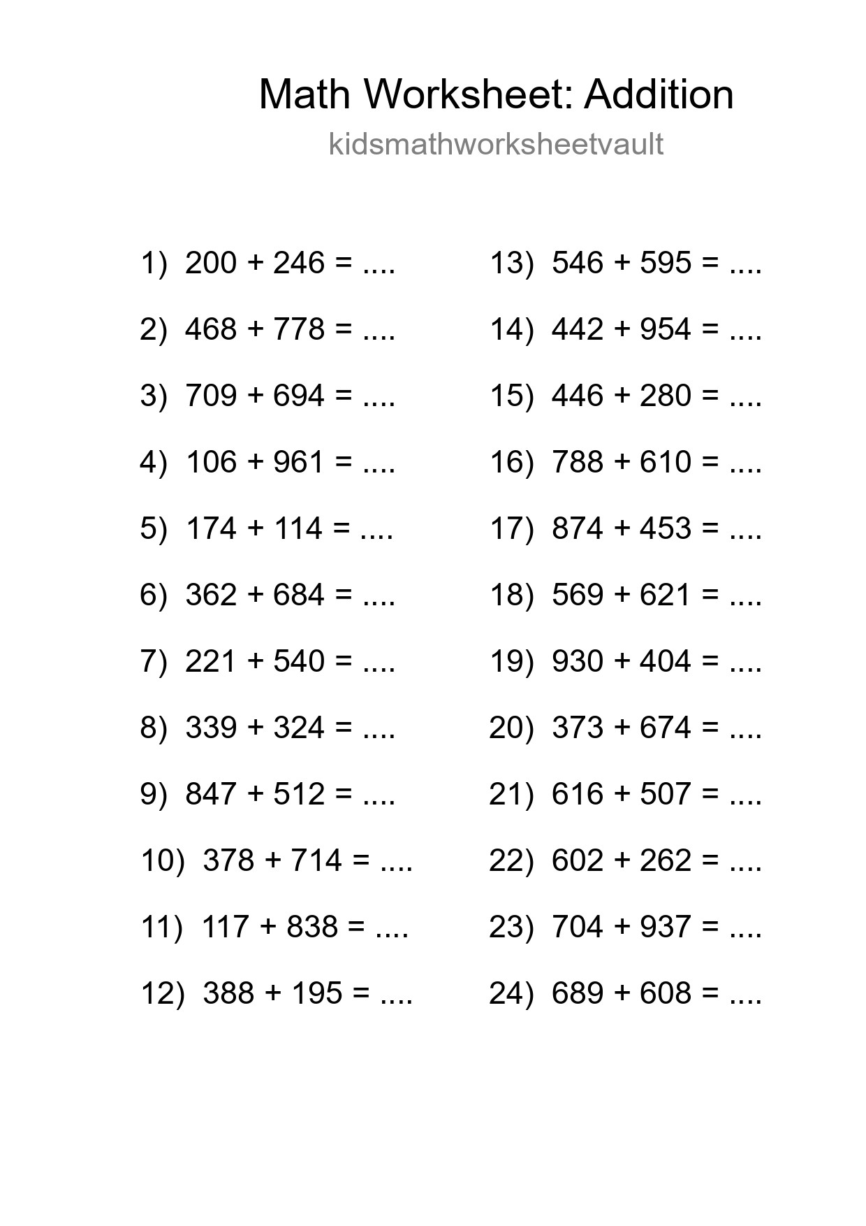 Printable Free 24 Addition Math Worksheet For Grade 5 - Part 89
