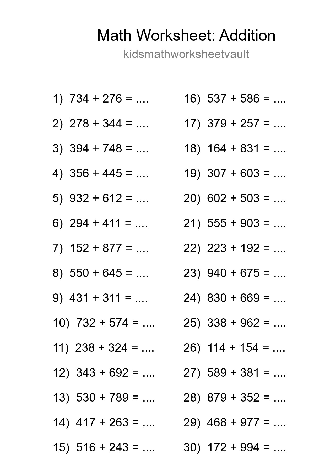 Printable Free 30 Addition Math Worksheet For Grade 5 - Part 45