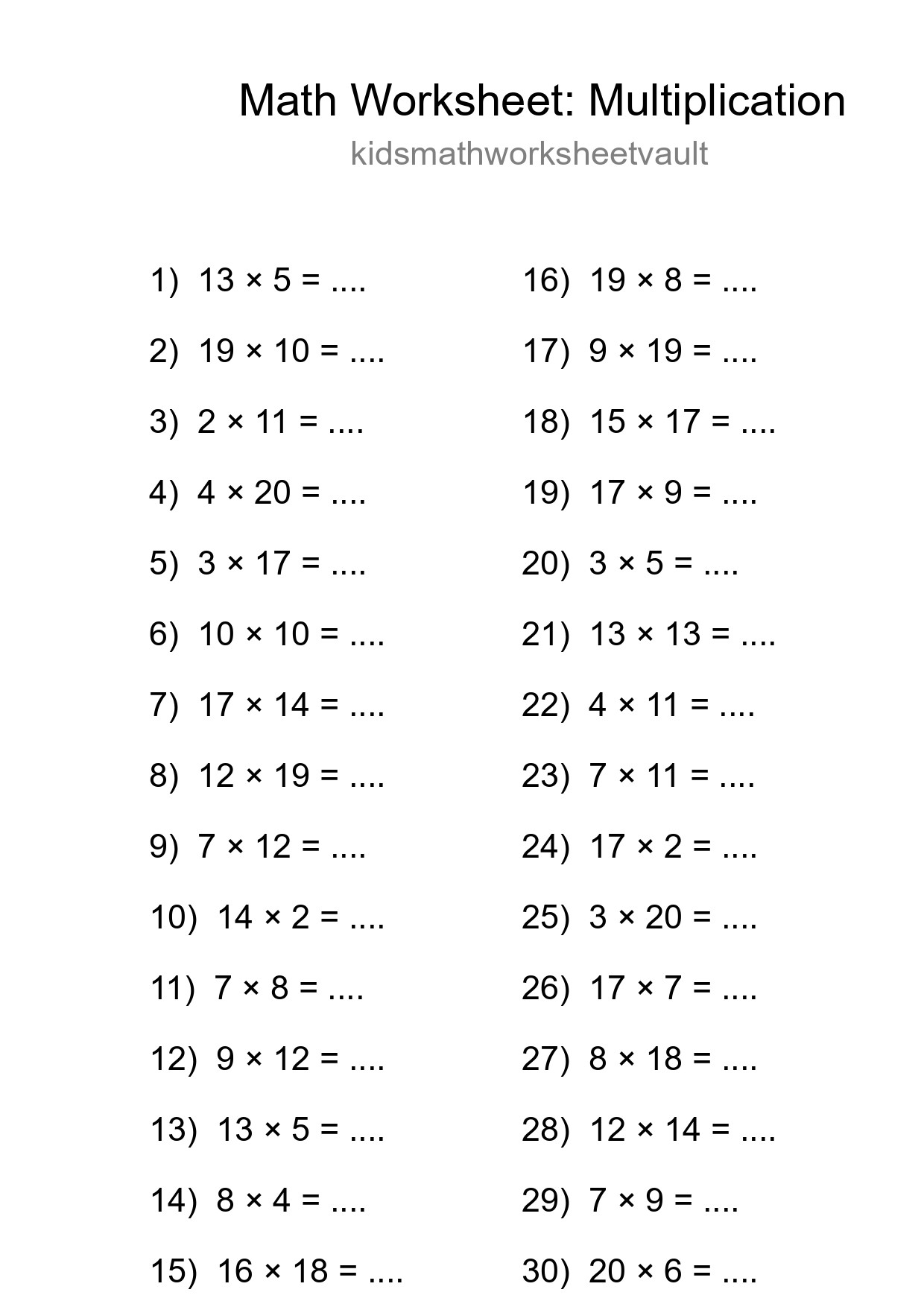 Printable Free 30 Multiplication Math Worksheet For Grade 2 - Part 139